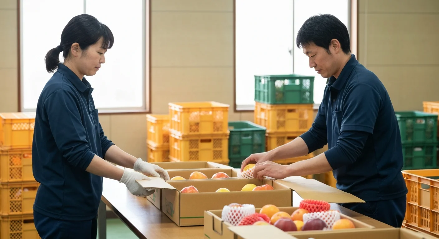 収穫した果実を箱に詰めて出荷の準備をする作業台