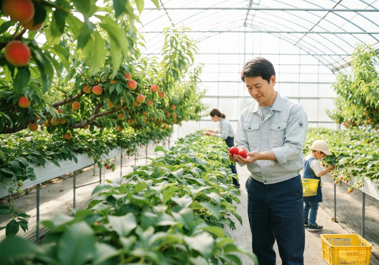いちご畑の列の間で赤く熟した実を摘み取る手元